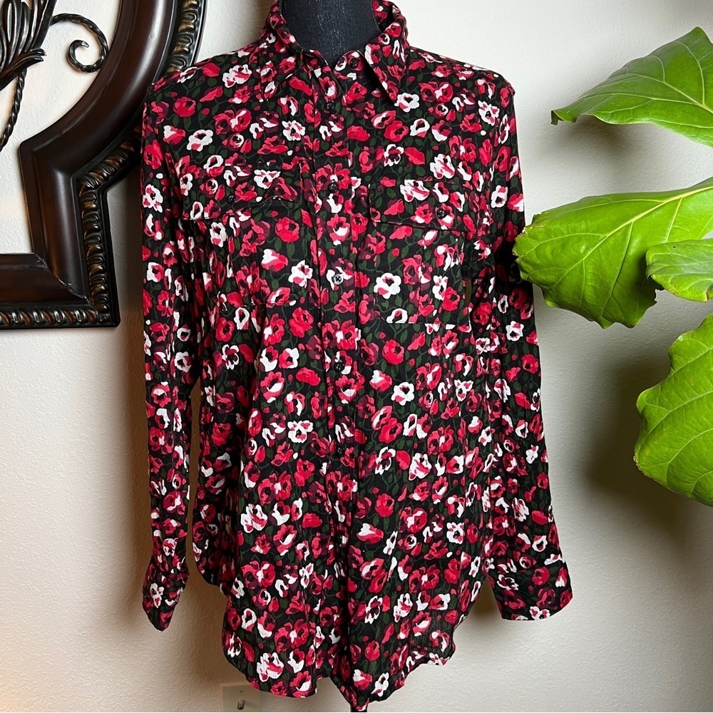 Ralph Lauren Women’s 100% Cotton Forest Green White Black Red Floral Blouse M